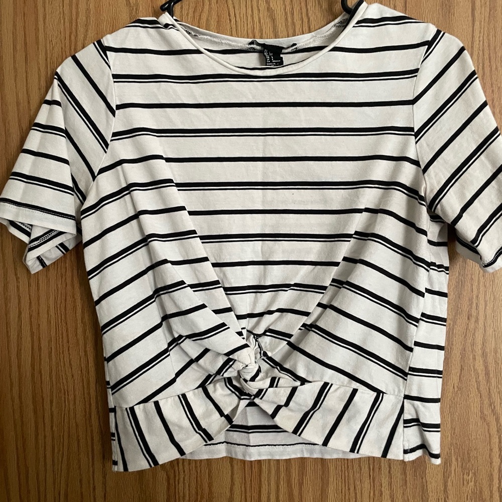 black and white striped tie knot shirt
